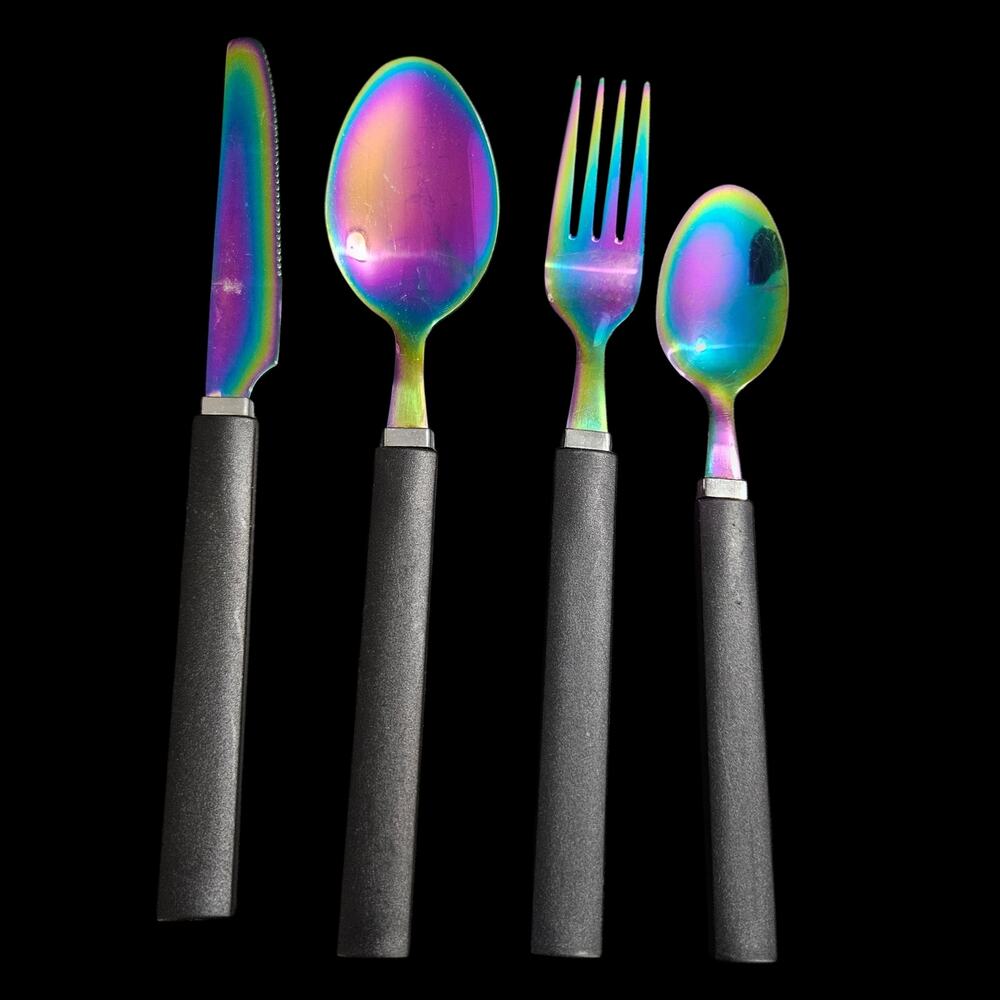 Tomodachi 4 Pc Rainbow Iridescent Flatware Set Black Handles Knife Spoon Fork